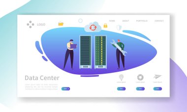 Veri merkezi sunucu onarım açılış sayfası. Dizüstü bilgisayar ile teknisyen karakter desteği profesyonel depolama. Barındırma donanım altyapısı Web sitesi veya Web sayfası veritabanı. Düz vektör çizim