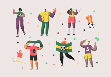 Futbol Brezilya Fan karakter illüstrasyon ayarlayın. Mutlu arkadaş takım Brezilya futbol milli zafer kutlamak. Dostum kadın kalabalık tutun bayrağı, eşarp izole arka plan düz çizgi film vektör toplama