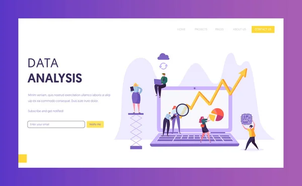 Business Data analys forskning målsida. Marknadsföring strategiutveckling med människor karaktär analysera digitala Plan diagram på Laptop webbplats eller webbsida. Flat vektorillustration — Stock vektor