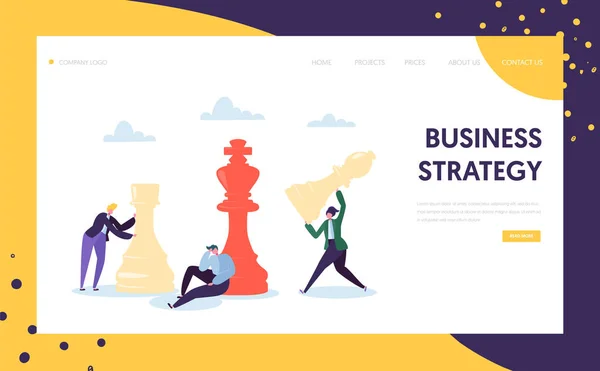 Plan de Estrategia Empresarial Pensando Landing Page. Empresario Equipo de Carácter Juega Ajedrez. Juego estratégico para el crecimiento del liderazgo. Sitio web o página web de decisión de error de proyecto. Ilustración de vectores planos — Archivo Imágenes Vectoriales