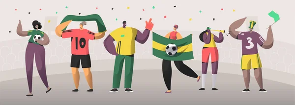 Football Brazil Fan Team Set Illustration (en inglés). Happy Friends celebra la victoria del evento de fútbol brasileño. Bandera de retención de personaje de mujer hombre, Bufanda en el estadio Fondo Flat Cartoon Vector Banner — Vector de stock