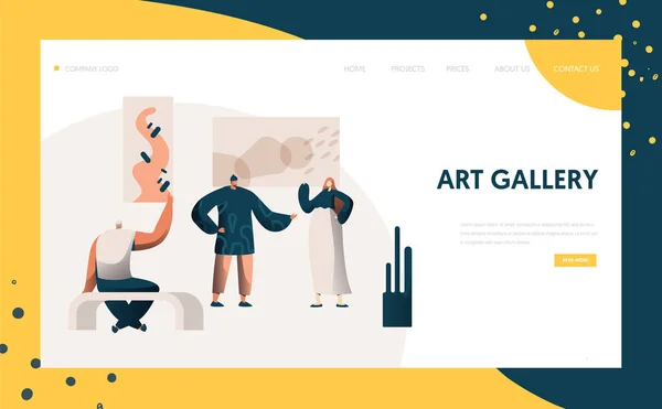 Galleria d'arte Mostra Presentazione Landing Page. Personaggi Personaggi Artisti Rappresentano Pittura Moderna Cornice Concetto d'Arte per Sito Web o Pagina Web. Illustrazione del vettore del fumetto piatto — Vettoriale Stock