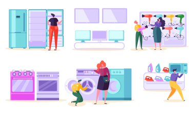 Elektronik perakende mağaza satış pazar tüketici. Müşteri Satınalma Tv ve mikrodalga teknolojisi süpermarkette. Adam karakter seçmek buzdolabı ve çamaşır makinesi ürün, teknoloji alışveriş merkezi düz çizgi film vektör çizim