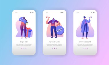 Karakter mobil App sayfa Onboard pazarlama reklam satış Set ekran. Kadın ve erkek özel hoparlör teklif duyuru kavramı Web sitesi veya Web sayfası için yapmak. Düz çizgi film vektör çizim