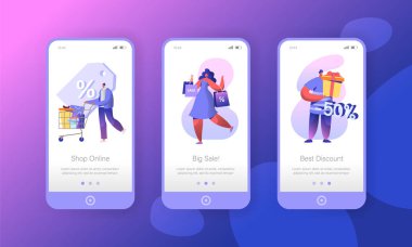 Satılık Mağaza mobil App sayfa Onboard ekran kurulum alışveriş kadın. Cusomer karakter büyük e-ticaret indirim hediye kavramı için Web sitesi veya Web sayfası için çalıştırın. Düz çizgi film vektör çizim