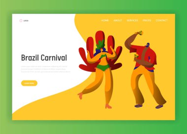 Brezilya yaz karnaval Latin çift açılış sayfası şablonu karakter. Adam kadın dansçı, Brezilyalı Masquerade Carnaval tüy kostüm kavram Web sitesi veya Web sayfası için. Düz vektör çizim