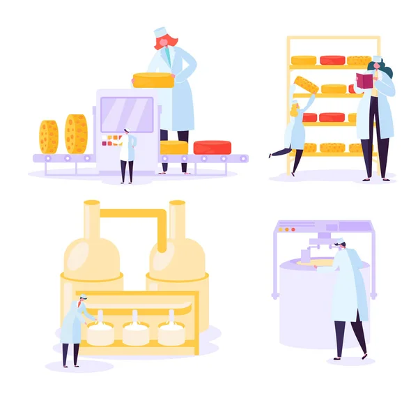 Colección de la industria de producción de alimentos de queso. Proceso de Pasteurización de Maquinaria Láctea en Tanque de Metal. Línea de diagrama de flujo de fabricación de leche Ilustración plana de vectores de dibujos animados — Archivo Imágenes Vectoriales