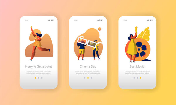Cinema Entertainment Movie Character App Set. Женщина покупает билет, смотрит фильм в 3D-очках и кинематографической концепции статуэтки Оскара для мобильного экрана. Плоский вектор
