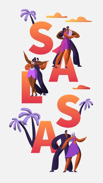 斯拉萨音乐节人物舞蹈排版垂直横幅模板。激情古巴舞者。拉丁裔男子妇女制作探戈和伦巴娱乐概念的可打印广告横幅 — 图库矢量图片