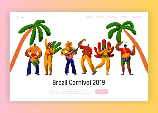 Brazil Carnival Party Character Dance Landing Page. Man Woman Dancer at Brazilian Ethnic Festival in Exotic Costume Concept for Website or Web Page. Flat Cartoon Vector Illustration — Stock Vector