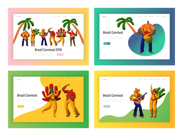 Brasil Carnaval Party Dancer Landing Page Set. Man Woman Dance at Brazilian Music Festival in Exotic Costume Concept for Website or Web Page (em inglês). Desenhos animados plano Vector Ilustração —  Vetores de Stock