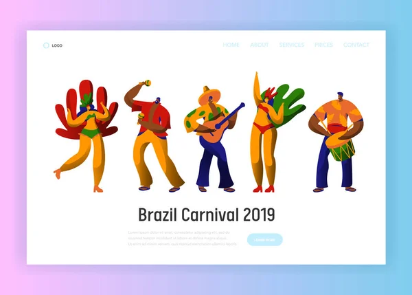Brazil Carnival Parade Character Set Landing Page Template. Man Woman Dancer at Brazilian Masquerade Festival in Exotic Costume Concept for Website or Web Page. Flat Cartoon Vector Illustration — Stock Vector