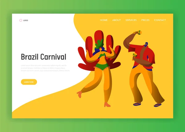 Brasilianische Sommer Karneval Lateinischen Paar Landing Page Vorlage Männliche Tänzerin — Stockvektor