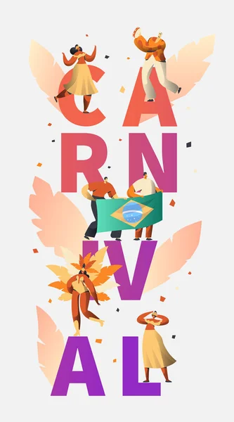 Brasile Carnevale Festa Personaggio Ballerino Poster Tipografia. Uomo Donna Danza al Festival Brasiliano di Musica Feste Banner Design. Illustrazione esotica del vettore del fumetto piatto di celebrazione — Vettoriale Stock