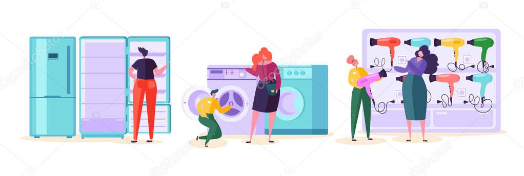 Electronic Retail Shop Sale Product Set. Customer Character Purchase Fridge and Washer in Technology Supermarket. Woman Choose Hair Dryer Product at Market Shelf Flat Cartoon Vector Illustration