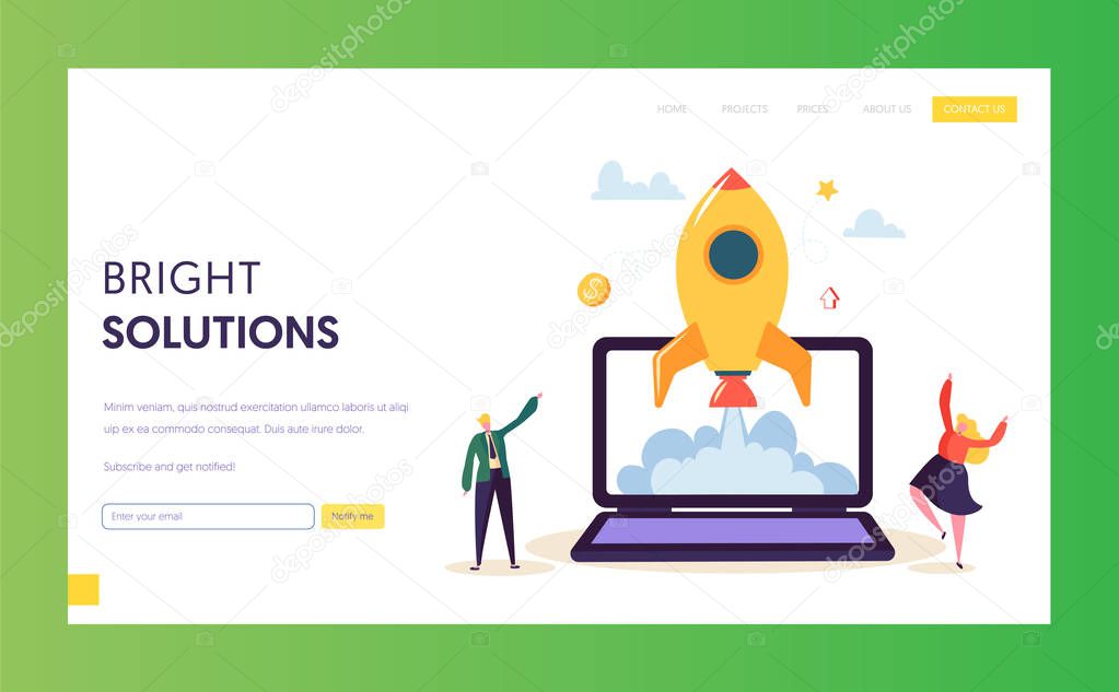 Creative Startup Rocket Launch Landing Page. Business People Character Start Successful Project Development. Innovation Technology Concept for Website or Web Page. Flat Cartoon Vector Illustration
