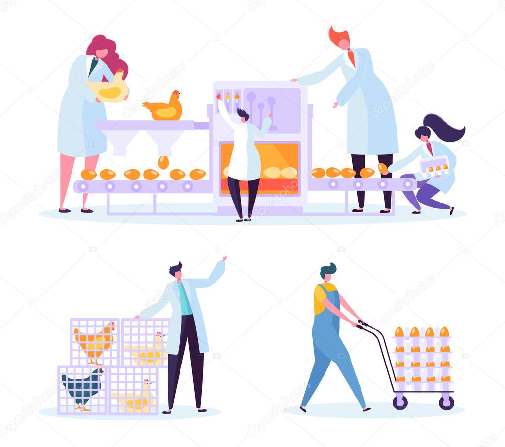 Chicken Poultry Egg Production Farm Line Set. Worker Character Processing Machinery Packing at Manufacture Line. Industry Equipment Collection Flat Cartoon Vector Illustration