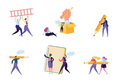 Yaratıcı metin yazarı insanlar iş karakter kümesi. Yazar takım beraberlik kalem defter. Hipster Freelancer çalışan başarı kariyer. Adam kurumsal Coworking düz çizgi film vektör çizim