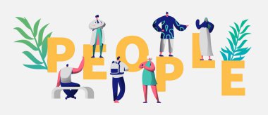 Çeşitli rahat insanlar tipografi Poster karakter. Farklı profesyonel kişi. Adam kadın seyahat almak geri kalan topluluk kavramı yatay Banner düz çizgi film vektör resim koleksiyonu için