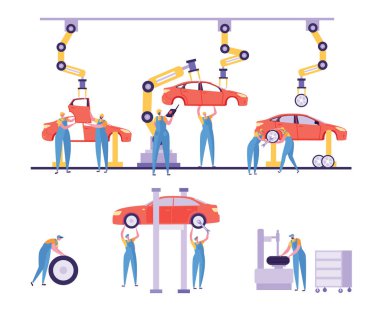 Araba üretim fabrikası Makina satır kümesi. Otomotiv Sanayi otomatik robot fabrika tasarımı. Endüstriyel lastik adam karakter işe uygun ekipman konveyör düz çizgi film vektör çizim