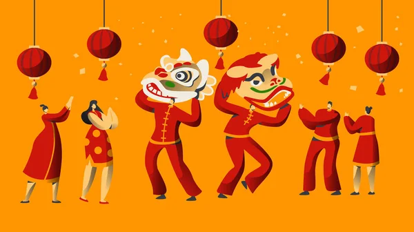 Китайский Новогодний Парад Человек Танцует Костюме Красного Дракона Празднования Китайского — стоковый вектор