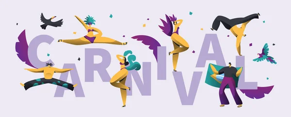 Brasilianischen Karneval horizontale Typografie Plakat. Brasilianisches Partyvolk auf bunten Print-Bannervorlagen. latino exotische Kostüm Musik Festival Werbekarte flache Cartoon Vektor Illustration — Stockvektor