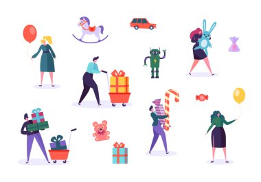 Oyuncak hediye kutusu karakter kümesi. İnsanlar tutun ayı, Robot çocuk Noel için mevcut. Çeşitli festival sürpriz parti eğlence şeker şerit ambalaj düz çizgi film vektör çizim