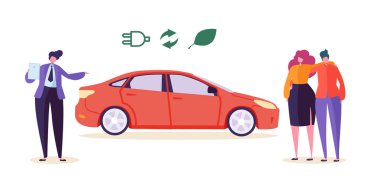 Electro Eko araba satıcı otomatik çift satmak. Adam kadın karakter satın ekoloji dostu taşıma aracı. Çevre kirliliği koruma teknolojisi otomobil iş düz çizgi film vektör çizim