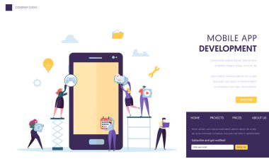Mobil uygulama geliştirme ekibi açılış sayfası. Yazılım Geliştirici karakter binası Kullanıcı uygulaması Tablet ekranında. Modern yenilik teknoloji kavramı için Web sitesi veya afiş düz vektör çizim