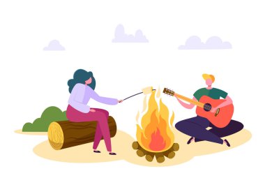 Yangın, açık bir kamp orman doğa insanlar. Adam oyun gitar, kadın hatmi şöminenin kızartma. Family Park hafta sonu macera Hiking. Çift karakter tatil düz çizgi film vektör çizim