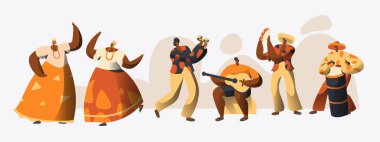 Brezilya karnaval karakter dansçı kümesi. Kadın dans geleneksel Brezilya kostüm, ulusal tatil kutlaması. Adam oyun müzik gitar. Egzotik insanlar düz çizgi film vektör çizim geçit töreni
