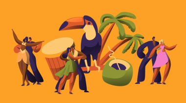 Brezilya Samba karnaval dansçı Latin karakter. Bikini kadın dans tropikal Küba Salsa. Retro kostüm Latin adam mutlu plaj kabare Parade düz çizgi film vektör çizim iyi eğlenceler