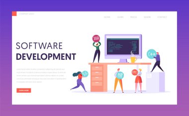 Yazılım geliştirme teknolojisi ekip çalışması yığın açılış sayfası. Monitör ofis masasında. Web sitesi veya afiş düz vektör çizim için proffesional Webdesign serbest takım çevre