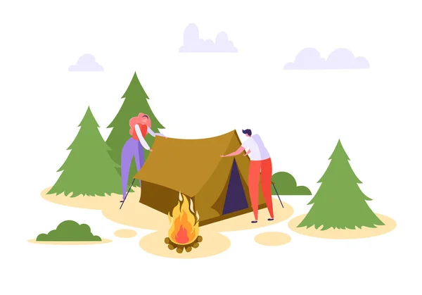 Чоловік жінка поставила намет лісових канікул. Люди Ігровий табір у лісі природи. Сімейний літній пікнік з вогнем. Відкритий екстремальний відпочинок плоский мультфільм Векторні ілюстрації — стоковий вектор