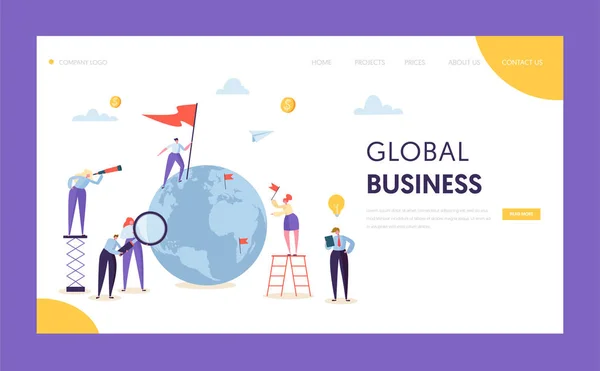 Global Business Leadership vlag bestemmingspagina. Corporate zakenman Zoek partnerschap in wereldbol met Ladder. Wereldwijd creatief idee Concept voor de Website of webpagina platte vectorillustratie — Stockvector