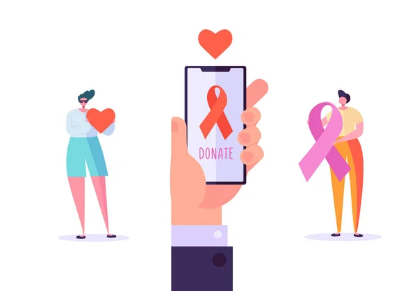 Online volontär donera Aids vård. Mobilapplikation för Digital Crowdfunding välgörenhet kampanj. Personer karaktär lagarbete stöd Hiv liv platt tecknade vektorillustration — Stock vektor