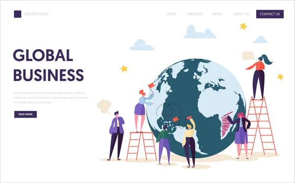 Global Business Team karaktär målsida. Corporate affärsman arbete på världen Globe med stege. Logistiska världssuccé kontrakt koncept för webbplats eller webbsida platt tecknade vektorillustration — Stock vektor