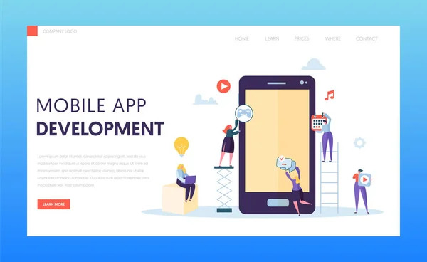 Mobile App Development Ab Test Landing Page (em inglês). Personagem de Desenvolvedor de Software Fornecer Design de Inovação Ux para Aplicação Digital na Tela do Tablet para Site ou Ilustração de Vetor Plano de Banner —  Vetores de Stock