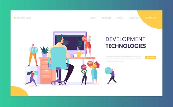 Software Developer Character Technology Landing Page. Web Development Programmer Work at Office Computer. Proffesional Java Team Agency Environment for Website or Banner Flat Vector Illustration — Stock Vector