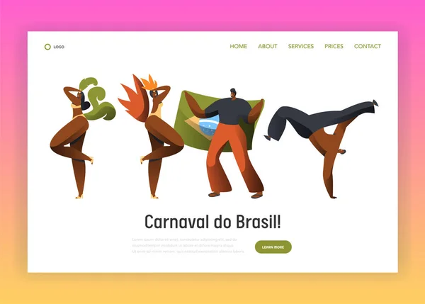 Brasil Carnaval Dançarino Personagem Landing Page. Man Woman Dance at Brazilian National Holiday Vivid Festival (em inglês). Exótico Multicolor Carnaval Website ou Web Page Plano Cartoon Vector Ilustração — Vetor de Stock