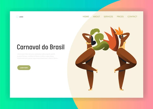 Βραζιλία γυναίκα Λατινική μπικίνι καρναβάλι της σελίδας προορισμού. Ζευγάρι γυναικείος χορός με παραδοσιακή φορεσιά Βραζιλίας στο Ρίο ντε Τζανέιρο εξωτικά καλοκαιρινή εκδήλωση για την ιστοσελίδα ή σελίδα Web επίπεδη καρτούν εικονογράφηση φορέα — Διανυσματικό Αρχείο