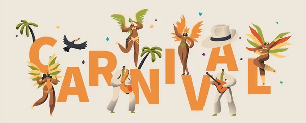 Brazilian Costume Carnival Exotic Character Typography Banner (em inglês). Feather Wing Bikini Mulher Dança Salsa. Man in Retro Costume Play Music for Rio Festival Banner Design Flat Cartoon Vector Illustration — Vetor de Stock