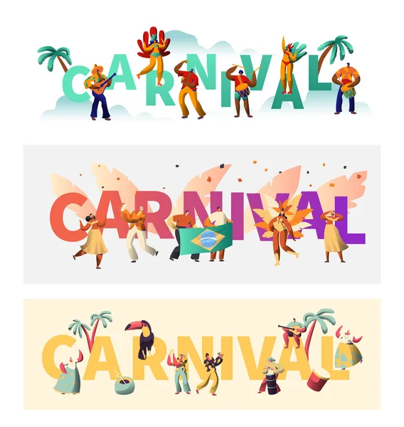 Brazil Carnival Exotic Costume Typography Poster Set. Wing Bikini Latino Woman Colorful Parade. Man Play Tropical Music for Rio Happy Festival Banner Print Design Flat Cartoon Vector Illustration — Stock Vector