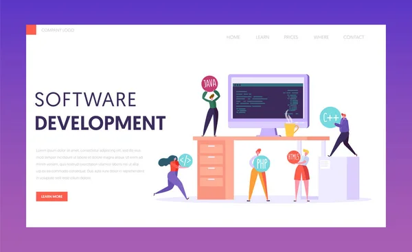 Software ontwikkeling-technologie Teamwork Stack bestemmingspagina. Monitor op Bureau. Proffesional Webdesign Freelance teamomgeving voor Website of Banner platte vectorillustratie — Stockvector