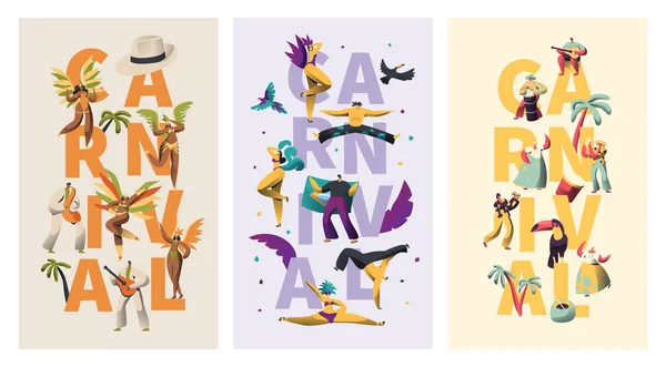 Brasile Carnevale Personaggio esotico Typography Banner Set. Piuma Bikini Latino Donna Danza Colorata Parade. L'uomo suona musica latina per Rio Vivid Festival Vertical Poster Design Flat Vector Illustration — Vettoriale Stock