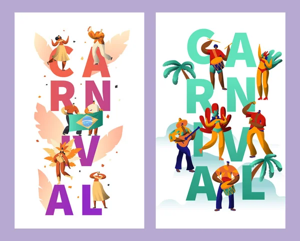 Brazilian Carnival Character Typography Poster Set. Feather Bikini Woman Dance Tropical Summer Rumba. Man Play Guitar for Happy Cabare Festival Vertical Banner Design Flat Cartoon Vector Illustration — Stock Vector