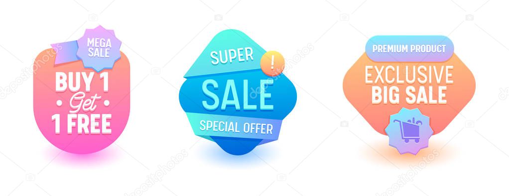 Sale Badge Set Discount Promo Price. Online Advertising Free Offer Special Label Banner Geometric Design. Ecommerce Sticker Colorful Promotion Element Flat Vector Illustration