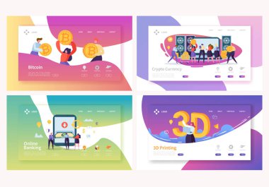 Online sayfa kümesi açılış bankacılık kripto para birimi. 3D baskı Online teknoloji. Döviz Alım Satım sanal Blockchain hareket kavramı Web sitesi veya Web sayfası için. Düz çizgi film vektör çizim