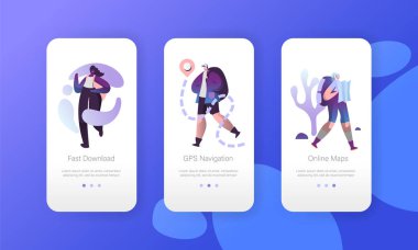 Turizm Seyahat sırt çantası mobil App kümesiyle hiking. İnsanlar Trekking sağlıklı yaşam karakter. Web sitesi veya Web sayfası için yol noktası kavramı eşlemek için adam Scout. Vektör düz çizgi film illüstrasyon