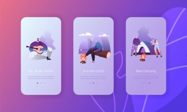 Doğa Orman Yangın App kamp ayarlayın. Adam oyun gitar, kadın hatmi şenlik ateşinde çadır içinde kızartma. Web sitesi veya Web sayfası için kamp Hiking yaşam tarzı kavramı. Düz çizgi film vektör çizim